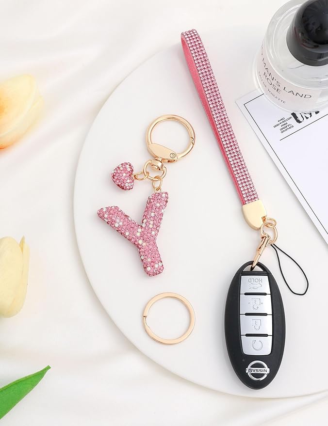 Initial Keychain for Women Girls,Bling Letter Key chain Initial with Heart,Pink Keychain Charms for Backpack Handbag