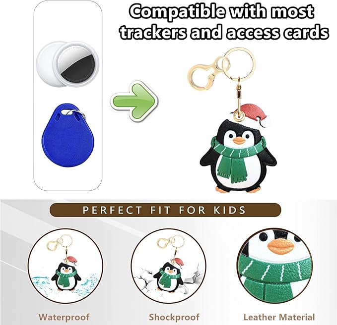 Leather Keychain Holder Case Compatible with AirTag,Cute Protective Cover with Keyring,Anti-Scratch Finder GPS Tracker Case for Wallet Keys,Bag,Pets(Penguin Green)