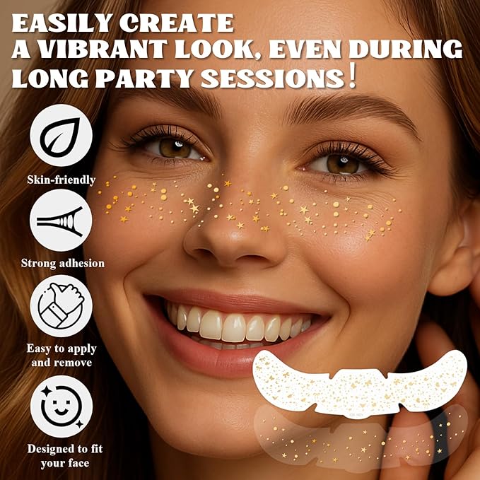 Aarovibe Gold Glitter Freckles Face Tattoo, 6pcs Fake Tattoos Sparkle Face Glitter, Waterproof Freckles Makeup Patches, Long-Lasting Sparkle for Festival Rave Concert Party Cosmetic Accessorie