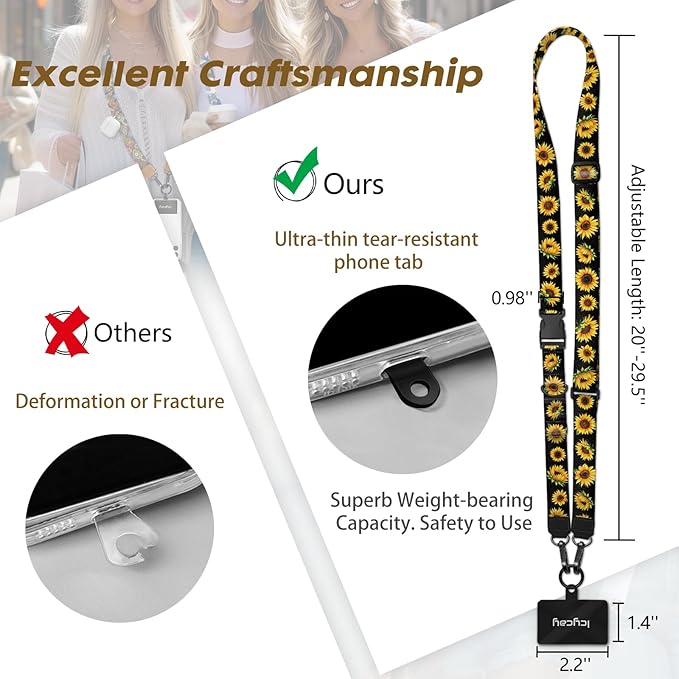 Phone Lanyard Crossbody, Flower Cell Phone Strap for Around The Neck Adjustable, Floral Teacher Anti Theft Cute Lanyard for iPhone Case ID Holder Keys Accessories Travel Essential