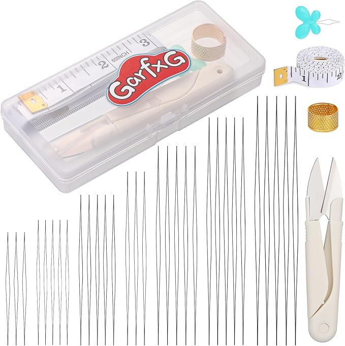 GarfxG Beading Needles Set - 31 pcs Big Eye Seed Collapsible Beading Needles in 7 Sizes with Thimble, Scissors, Threaders and Ruler for Jewelry Bracelets Making & DIY Crafting