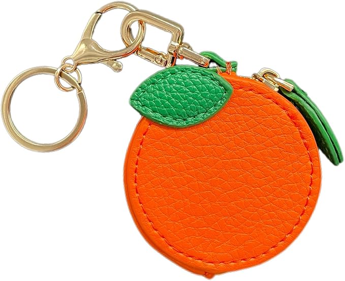 Cute Orange Fruit Coin Purse Keychain – Kawaii Mini Leather Zipper Pouch Bag Charm with Leaf for Women & Girls, Perfect Holiday Gift, Stocking Stuffer, Birthday Party Favor