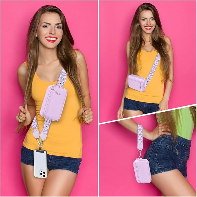 Clip and Go Strap for Phone with Wallet Crossbody, Adjustable Phone Lanyard with Detachable RFID Wristlet Wallet, Pattern Strap - Light Purple(L)