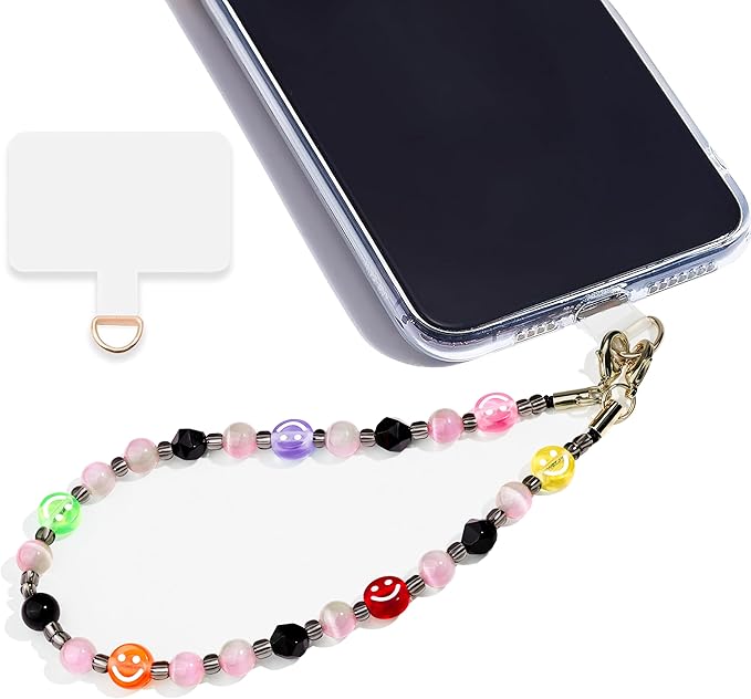 Marble Beaded Phone Wrist Strap,Detachable Phone Bracelet Strap with Tether Tab,Hands-Free Wristlet Strap (Colorful Smiley Face)