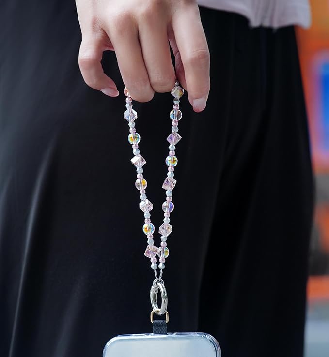 Cell Phone Wrist Strap Crystal Beaded Phone Bracelet Strap For Women Sparkling Beads Wristlet Lanyard Beaded Chain (Sakura Pink)