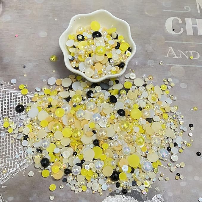 100g Mix Resin Rhinestones Flatback Half Round Pearls Mixed Size 3mm-10mm AB Color Half Pearls Resin Rhinestones for DIY Craft Nail Art Shoes Clothes Phone Case (Yellow Series)