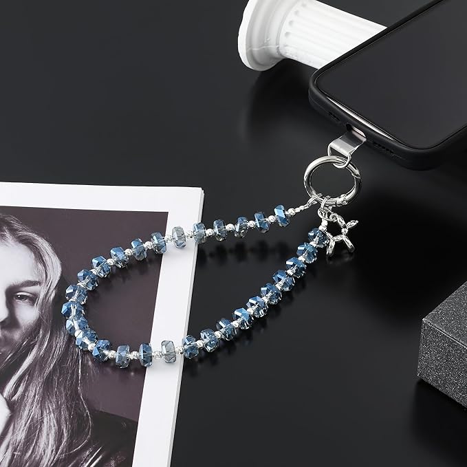 Crystal Phone Wrist Strap Phone Charm Chain Keychain Beaded Cellphone Lanyard with Tether Tab Hands-Free Wristlet Bracelet Wrist Grip Strap for Women, W-Blue
