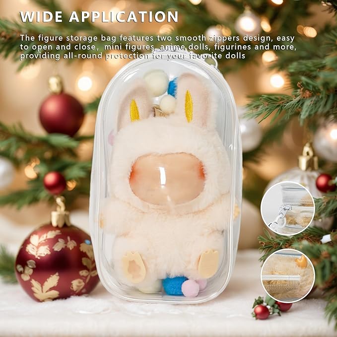 Clear Display & Storage Case for 17&15cm Plush Doll PVC Bag with Detachable Keychain for Collectible Toys and Cosmetics, Portable cases for Travel or Home Decor (white)