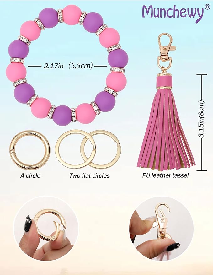 Munchewy Silicone Key Ring Bracelet for Women, Beaded Wristlet Keychain Key Holder with Zircon Tassel for Mother's Day Gift