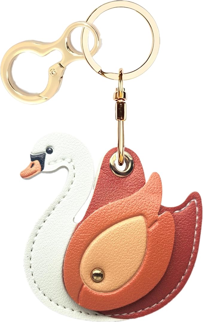 Leather Keychain Holder Case Compatible with AirTag,Cute Protective Cover with Keyring,Anti-Scratch Finder GPS Tracker Case for Wallet Keys,Bag,Pets(Swan Orange)