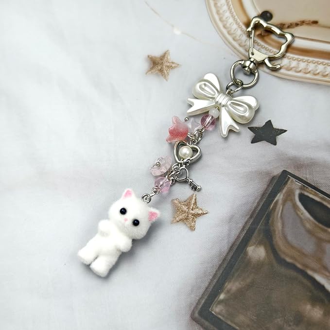 Cute Cat Keychain, Y2K Heart Bow Pendant, Kawaii Cat Bag Charm
