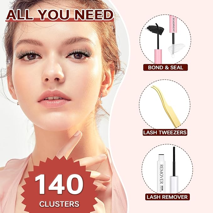 JOLIETIFY Lash Extension Kit, Wispy Faux Mink 8-16mm Cluster Lashes, Natural Soft & Fluffy, Waterproof Bond & Seal, Reusable Individual Lashes with Tweezers & Remover, Beginner Friendly