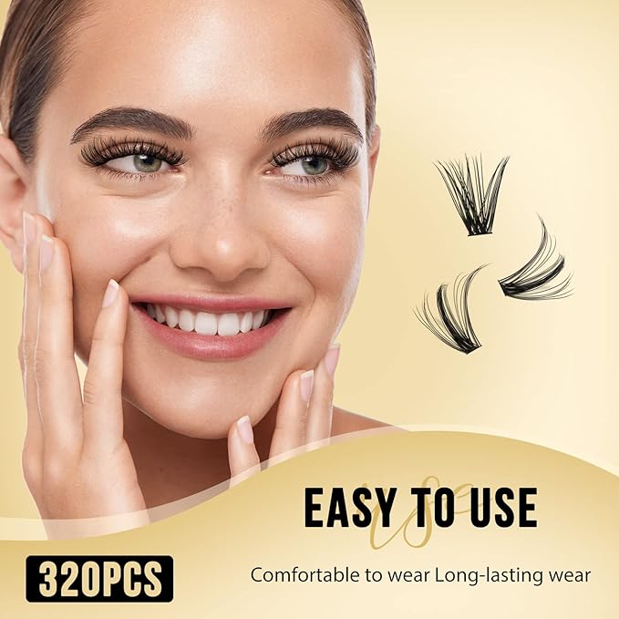 QUEWEL Lash Clusters 320Pcs Cluster Lashes 40D D Curl Lash Cluster Eyelash Extensions Mix12-18mm Individual Eyelashes Clusters Wispy Lash Clusters Thin Band Soft to Use at Home(40D D Mix12-18)