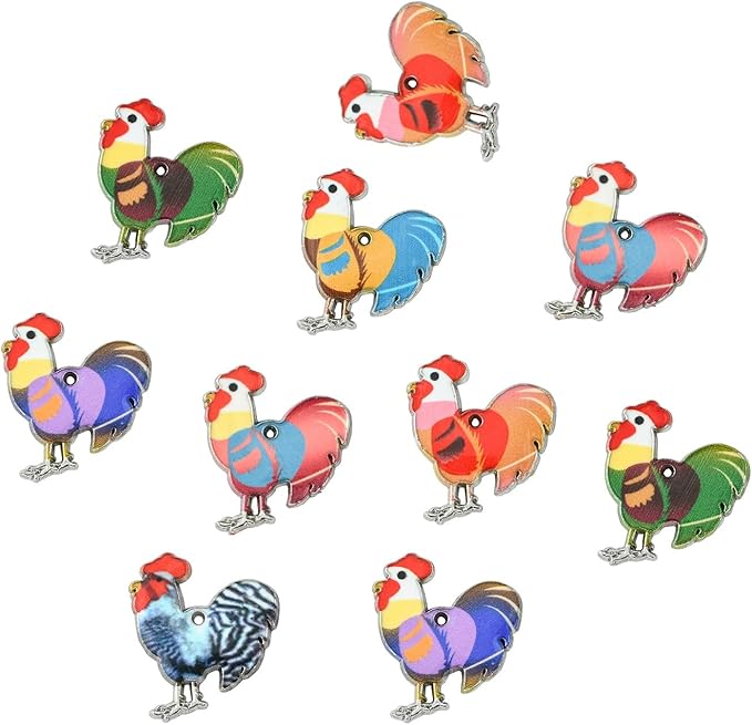 Stiesy 30 Pcs 6 Colors Enamel Cute Farm Animal Pendant Charm Colorful Printed Rooster Cock Dangle Charms Bulk for Jewelry Making DIY Necklace Bracelet Crafting