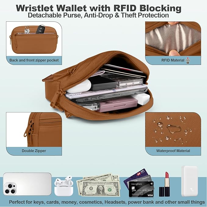 Clip and Go Strap for Phone with Wallet Crossbody, Adjustable Phone Lanyard with Detachable RFID Wristlet Wallet, Pattern Strap - Bronze(L)