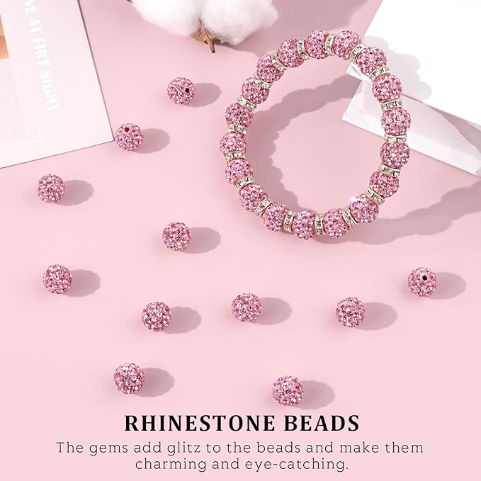 120pcs 10mm Rhinestone Beads for Jewelry Making, Pink Shiny Round Shamballa Disco Ball Beads Bulk, Sparkle Crystal Clay Christmas for Bracelet Baseball Necklace Earring Crafting and DIY