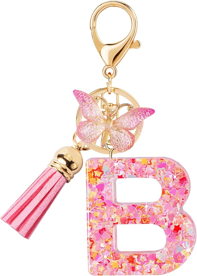 Initial letter Keychains for Women Girls Tassel Butterfly Cute Keychain for Wallet Backpack charm