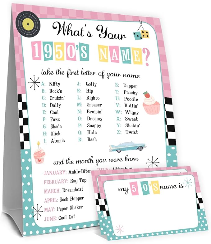 What's Your 1950's Name Game, 1 Double Sided Sign & 30 Sticker Cards, Retro Birthday Party Games for Kids & Adults, Perfect for 50's Sock Hop Themed Party Decorations,5x7 Inch