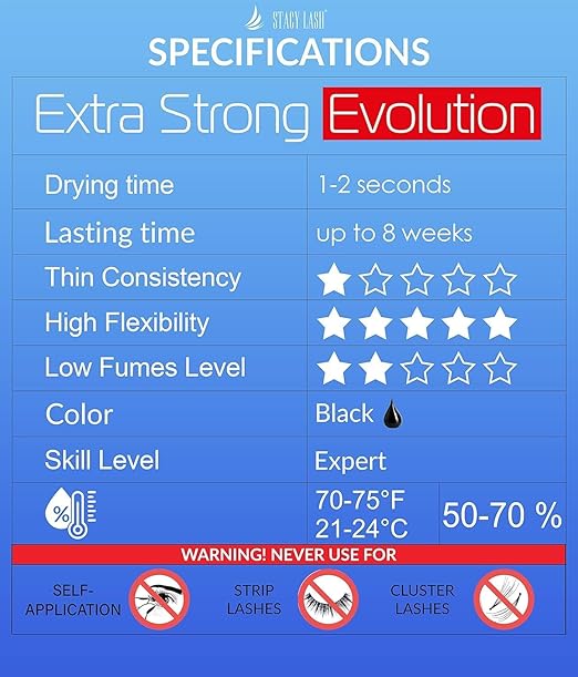 STACY LASH Extra Strong Evolution Eyelash Extension Glue (0.17fl.oz / 5ml) / 0.5-1 Sec Dry/Retention – 8 Weeks/Professional Black Adhesive/Lash Tech Supplies + Glue Ring