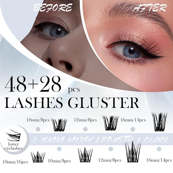 Luxury Lash Clusters Kit - Wispy & Fluffy Cluster Eyelash Extensions 8-16mm, 150H Wear | Korean Hypoallergenic PBT Fibers, Waterproof Glue & Seal | Gift Ready Premium Box (Mix-sliver box)