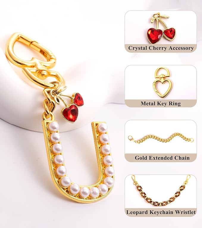 Pearl Initial Keychain with Leopard Bag Charms Wallet Chain Women Cute Alphabet Keychains Charm for Purse Handbag