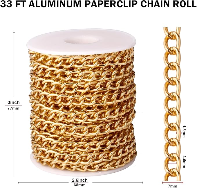 [33ft] Gold Chain for Jewelry Making, 7mm Wide Gold Aluminum Curb Link Chain Roll Bulk for DIY Jewelry Making Craft
