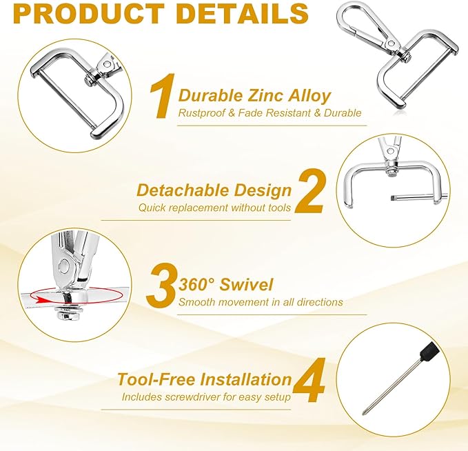 YELARXI Swivel Clasps Hook, 1-1/2 Inch ID Detachable Snap Hook W/Screw Bar D Ring Claw Clasp with Screwdriver for Lanyard Bag Leather Craft Purse Hardware DIY Bag (4 Pack, Silver White)