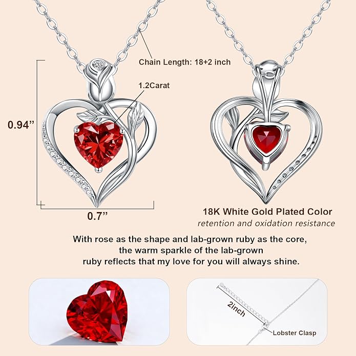 1.2CT Rose Heart Necklace Option of Moissanite or Lab-Grown Sapphire Ruby Emerald&More Necklace for Women Birthstone Girlfriend Necklace S925 Sterling Silver 18K White/Rose Gold Plated D Color VVS1 Gift for Wife Mother Daughter for Birthday Anniversary...