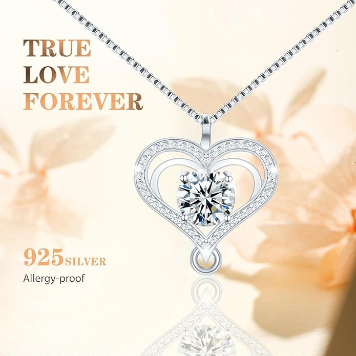 Yuelove Infinity Necklace for Women, 925 Sterling Silver Heart Necklace with 5A Zircon, White Gold Plated Adjustable Chain, Gift for Valentine's Day, Birthday, Anniversary for Wife, Girlfriend, Mom