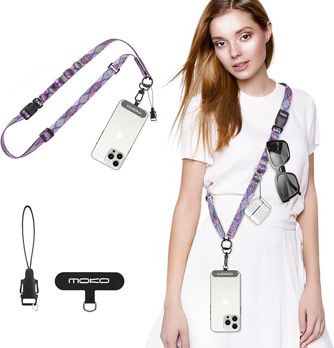 MoKo Boho Universal Phone Lanyard, Nylon Adjustable Cell Phone Crossbody Strap Detachable Women & Men Cellphone Lanyards Around the Neck with Patches for iPhone, Most Smartphones, Boho Colorful