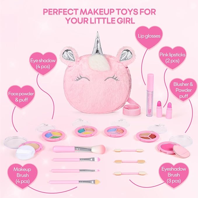 Kids Real Makeup Kit for Girls 3-10 Years Old : Washable Non Toxic Make Up Toys for Toddler Valentines Day Gifts - 17Pcs Vanity Sets with Unicorn Purse for Kid Ages 3 4 5 6 7 8 Birthday Gift - Pink