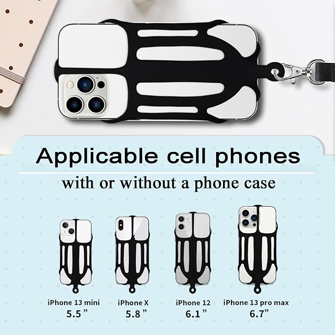 Phone Lanyard, Phone Lanyards for Around the Neck, 2 in 1 Phone Strap with Silicone Phone Holder and Patch, Fits iPhone and Most Cell Phones (Black)