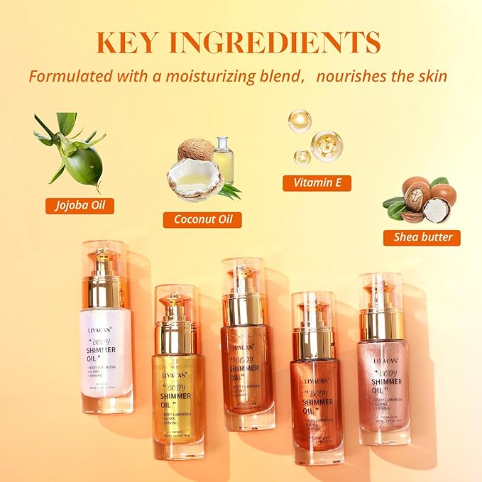 Liyalan Shimmer Body Oil Bronze Gold 1.0 fl.oz Face Glow Pearl Highlighter Illuminator Long-Lasting Shine Glitter Liquid Tanning with Makeup Brush