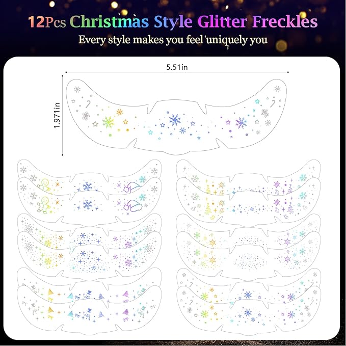 HyperFun 12Pcs Christmas Face Glitter Freckles, Glitter Freckles Face Tattoo Sticker, Holographic Multichrome Waterproof Sparkle Freckles Makeup Patches for Women Rave Festival Accessories Party Prom