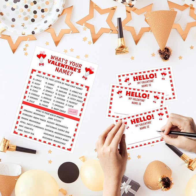 What's Your Valentine Name Game Set,Valentine's Day Party Games for Couples and Friends, Romantic Party Decorations,1 Double Sided Valentine Game Sign and 30 Stickers,5x7 Inch
