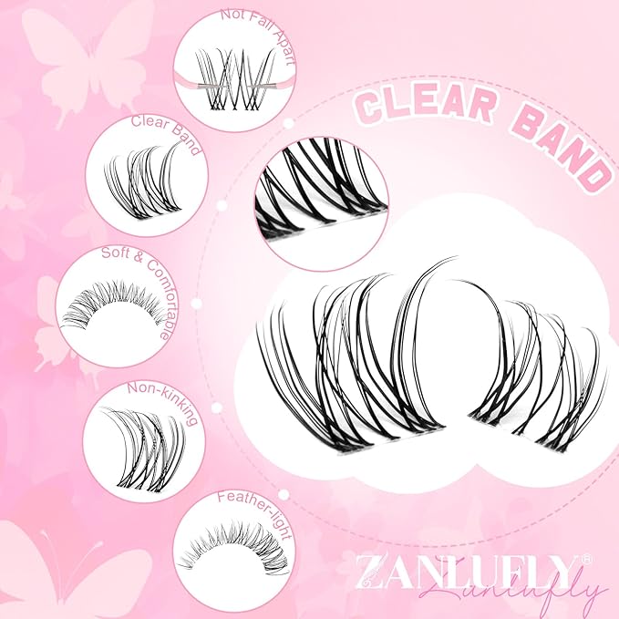 Natural Lash Clusters Kit Wispy Lash Extension Kit Invisible Band Eyelash Clusters C Curly 8-16MM DIY Cluster Eyelash Extensions with Lash Bond and Seal Tweezers Brushes by ZANLUFLY