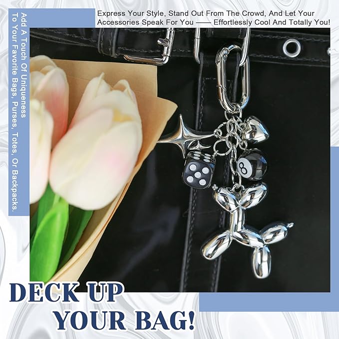 Silver Balloon Dog Keychain Silver Bag Charm Cute Y2K Keychain 8 Ball Dice Charm for Women Girls Aesthetic Charms Backpack Bag Purse Handbag Accessories