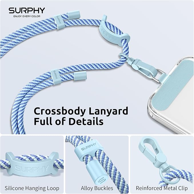 SURPHY Phone Lanyard, Adjustable Phone Strap Crossbody with 2 Pack Phone Tether Tab, Premium Metal Buckles and Two-Color Braided Cell Phone Lanyard Crossbody for Women and Men, Deep & Light Blue