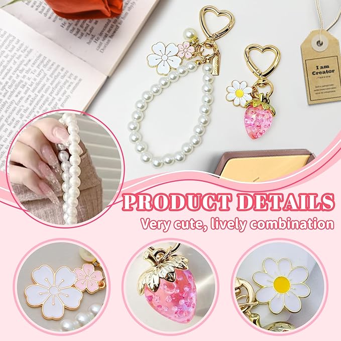 2Pcs Strawberry Keychain Flower Cherry Blossom Keychain Cute Bag Charms Strawberry Gift for Women Girls