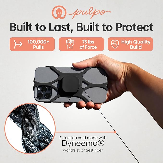Pulpo Anti Theft Phone Leash with Retractable Dyneema Tether, Secure Phone Leash and Strap for Skiing, Kayak, Travel and Festivals, Fits Smartphones up to 6.8 Inches, 2 AM Black