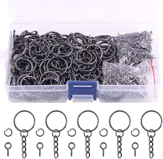 Swpeet 450Pcs 4/5" 20mm Bronze Key Chain Rings Kit, Including 150Pcs Keychain Rings with Chain and 150Pcs Jump Ring with 150Pcs Screw Eye Pins Bulk for Jewelry Findings Making (20mm, Gun-Black)