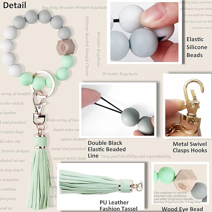 BIHRTC Key Ring Bracelet Car Keychain Holder Wristlet Silicone Women Beaded Bangle Chains