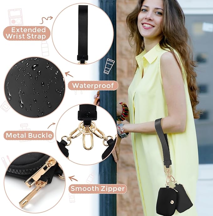 Dual Pouch Wristlet Keychain Wallets for Women with 2 Detachable Zipper Coin Purse - Small and Portable Mini Card Wallet for Women Men Gold Hardware Black+Black