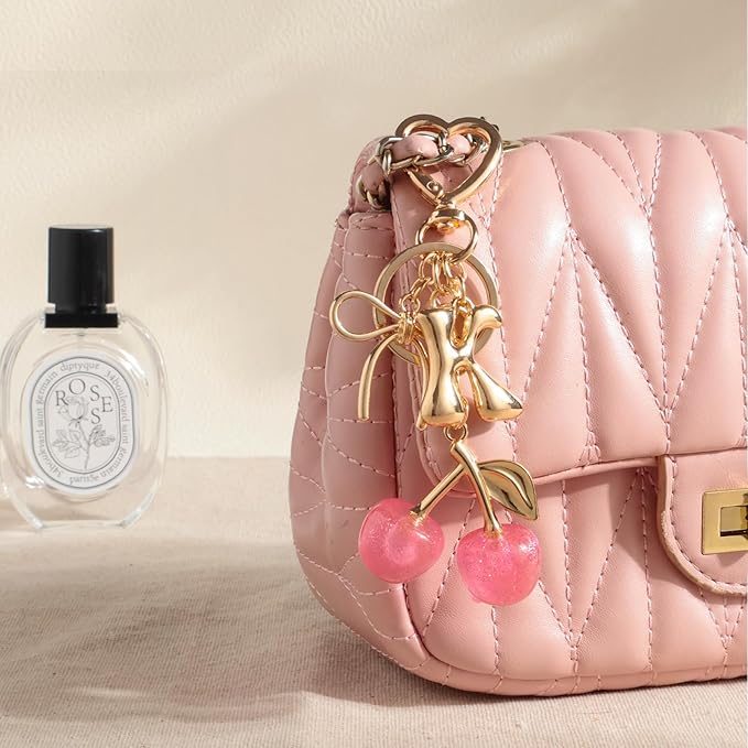 Snycler Bubble Initial Keychain with Cherry & Bow - Gold Letter Bag Charms for Women, Cute Purse Handbag Accessories