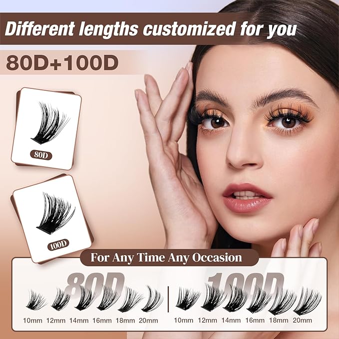 AILAISHI Lash Clusters Kit, DIY Cluster Eyelash Extensions 10‑20mm, 80D+100D, 216pcs Fluffy D Curl Natural Lashes with Bond & Seal,Tweezers–Fake Cat Eye Individual Clusters