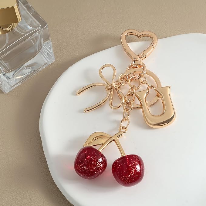 Snycler Bubble Initial Keychain with Cherry & Bow - Gold Letter Bag Charms for Women, Cute Purse Handbag Accessories