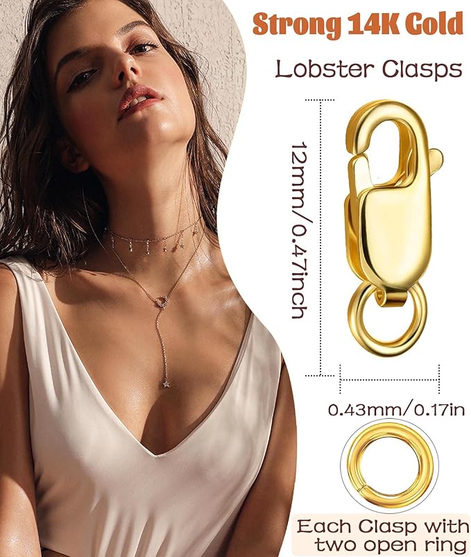 Kcctoo Silver Lobster Claw Clasp with Closed Jump Rings 14K Gold Necklace Clasps and Closures for Jewelry Making, Made in Italy 12mm(0.47inch) (Gold Big Clasps 12pcs)