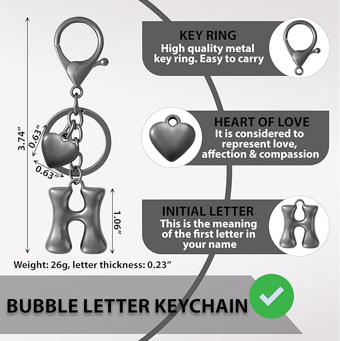 Heart Bubble Letter Keychain for Women, Girls - Cute Keychain with Initial - Alphabet Keychain for Bag Charm, Handbag