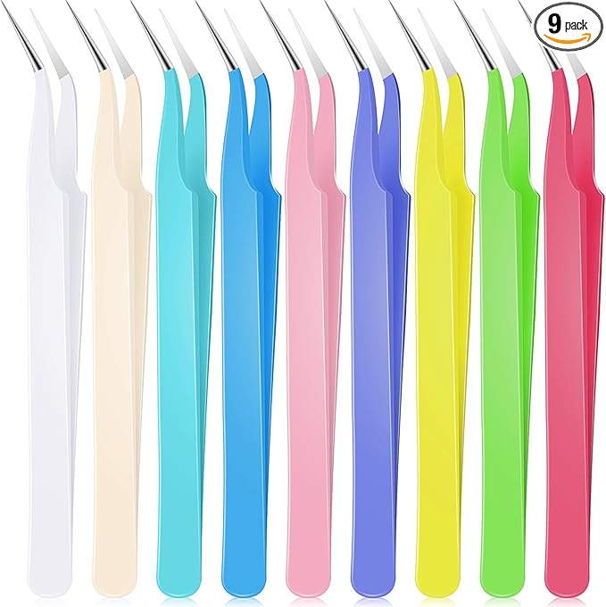 Honoson 9 Pieces Curved Pointed Craft Tweezers Stainless Steel Precision Tweezer with Protective Cover for Rhinestones Dried Flowers Craft Stickers Eyelash Extension Jewelry Making(Macaron Colors)