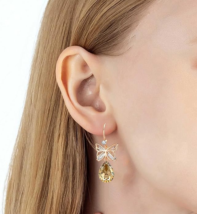 Austrian Crystal Teardrop Butterfly Drop Dangle Earrings for Women 14K Rose Gold Plated Hypoallergenic Jewelry